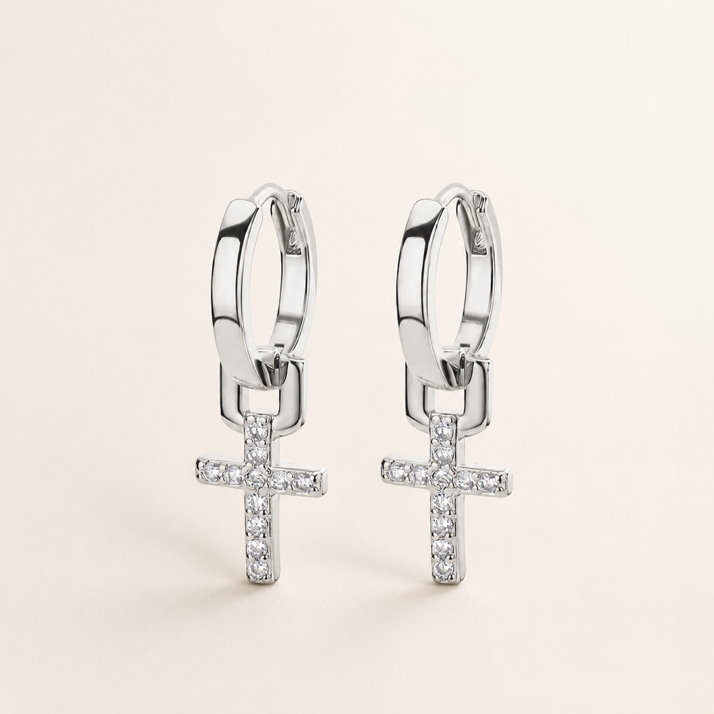 Stainless Steel Zircon Cross Hoop Drop Earrings