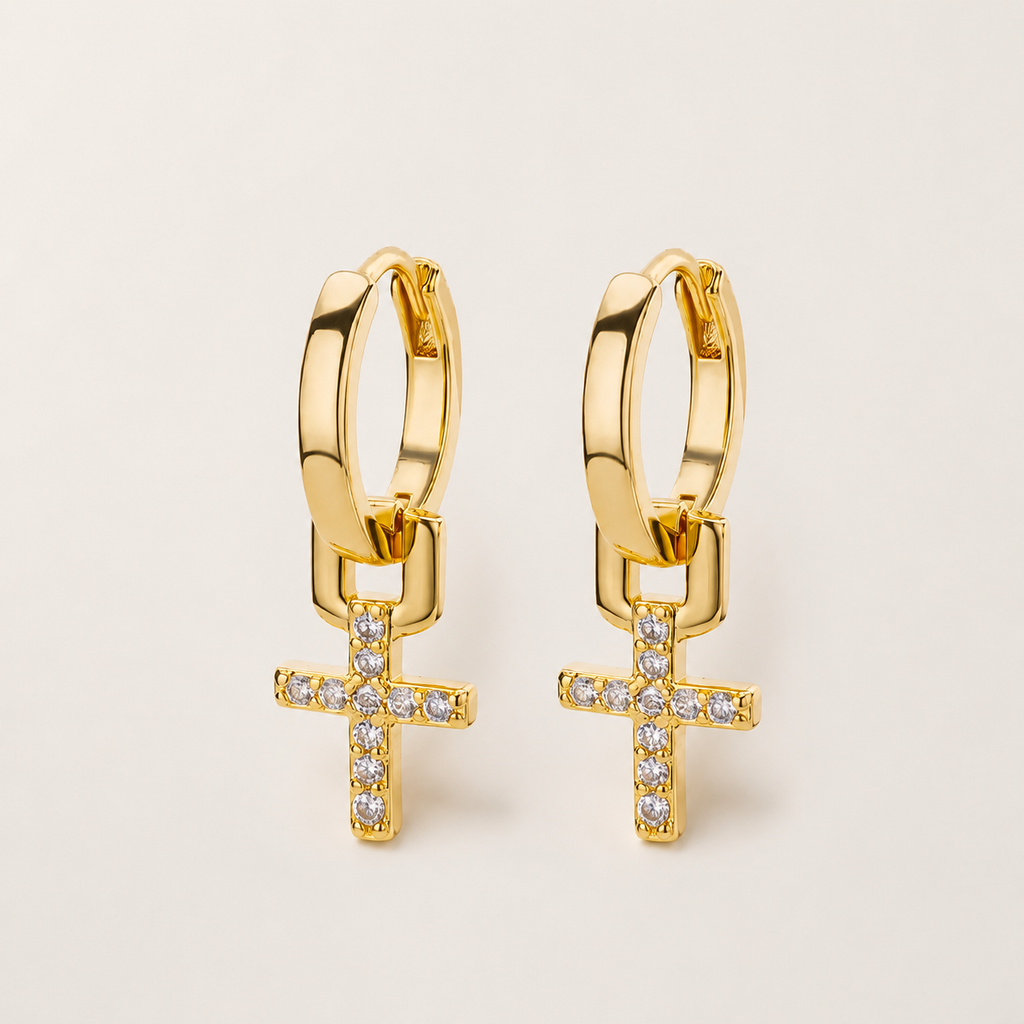 Stainless Steel Zircon Cross Hoop Drop Earrings