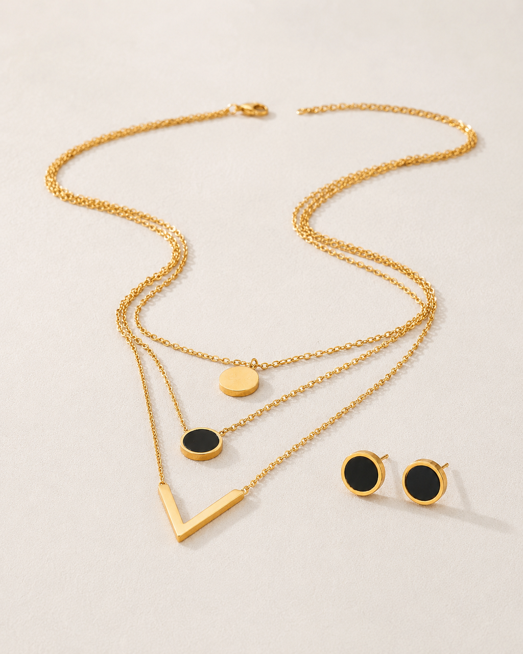 Black Harmony Layered Necklace & Stud Earrings Set