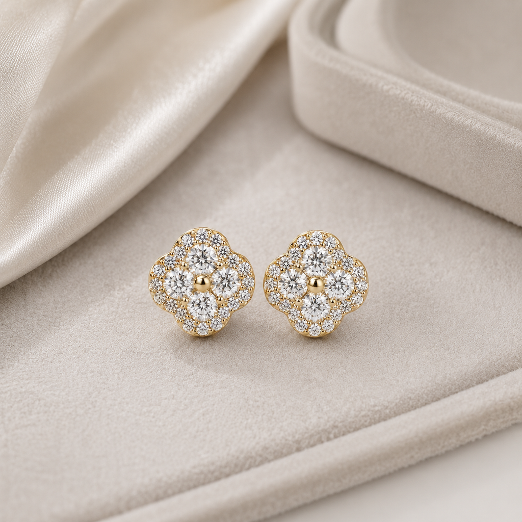 14K Gold Filled D Color Moissanite Four-Leaf Clover Stud Earrings