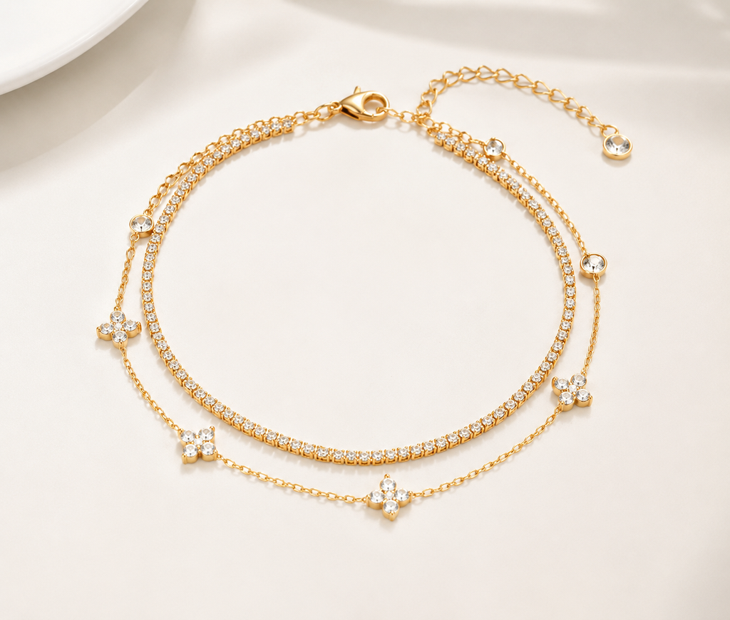 Gold Clover Riviera Anklet Set