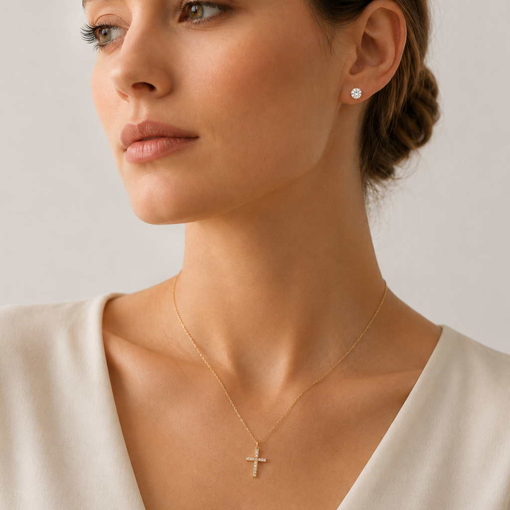 Lumière Cross Necklace — Gold-Tone Steel & Cubic Zirconia