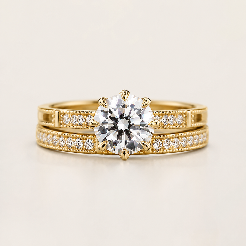 Huitan Luxus 2-teiliges Ring-Set für Damen, brillanter 8-Krallen-Zirkonia-Finger-Accessoires, schickes goldfarbenes Hochzeitsschmuck-Set