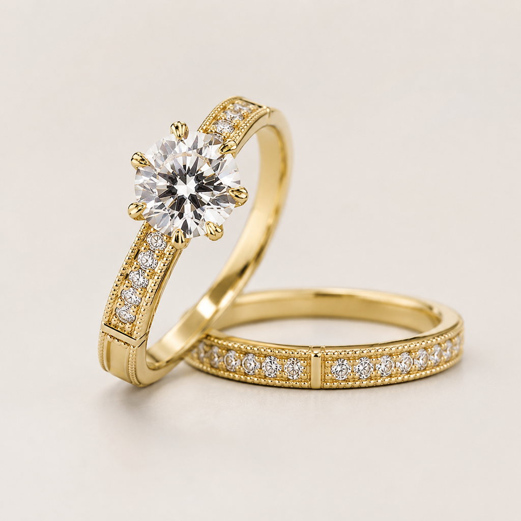 Huitan Luxus 2-teiliges Ring-Set für Damen, brillanter 8-Krallen-Zirkonia-Finger-Accessoires, schickes goldfarbenes Hochzeitsschmuck-Set