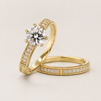 Huitan Luxus 2-teiliges Ring-Set für Damen, brillanter 8-Krallen-Zirkonia-Finger-Accessoires, schickes goldfarbenes Hochzeitsschmuck-Set