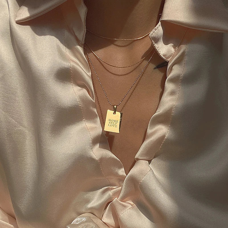 E.B.belle Stylish Hip Hop Personal Engraved Letter Square Pendant Necklace Beads Chain Stainless Steel Gold Color Necklace