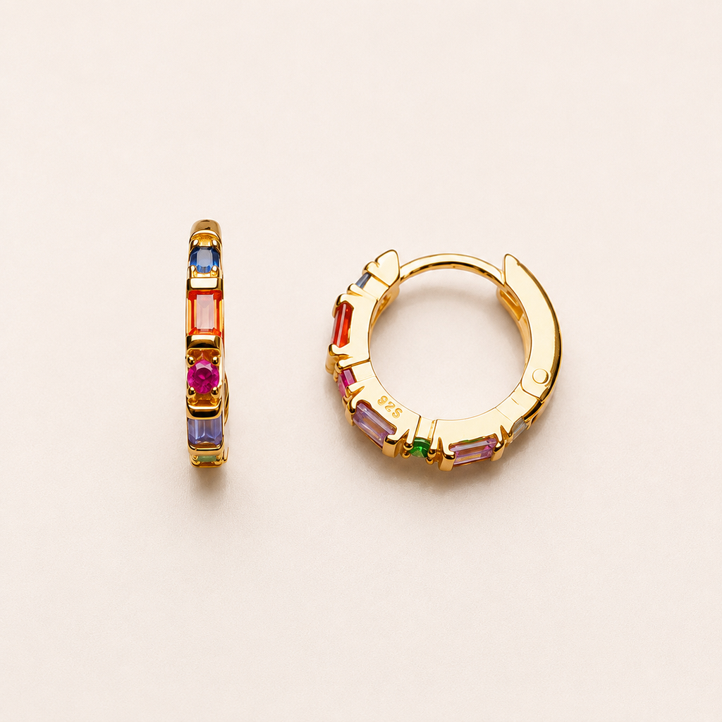 Rainbow Zircon Huggie Hoop Earrings in 925 Sterling Silver