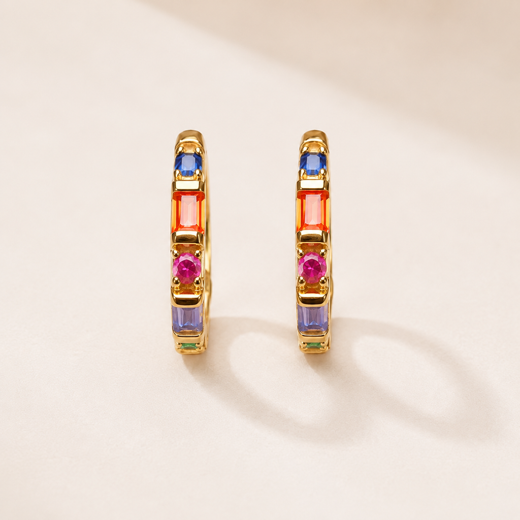 Rainbow Zircon Huggie Hoop Earrings in 925 Sterling Silver