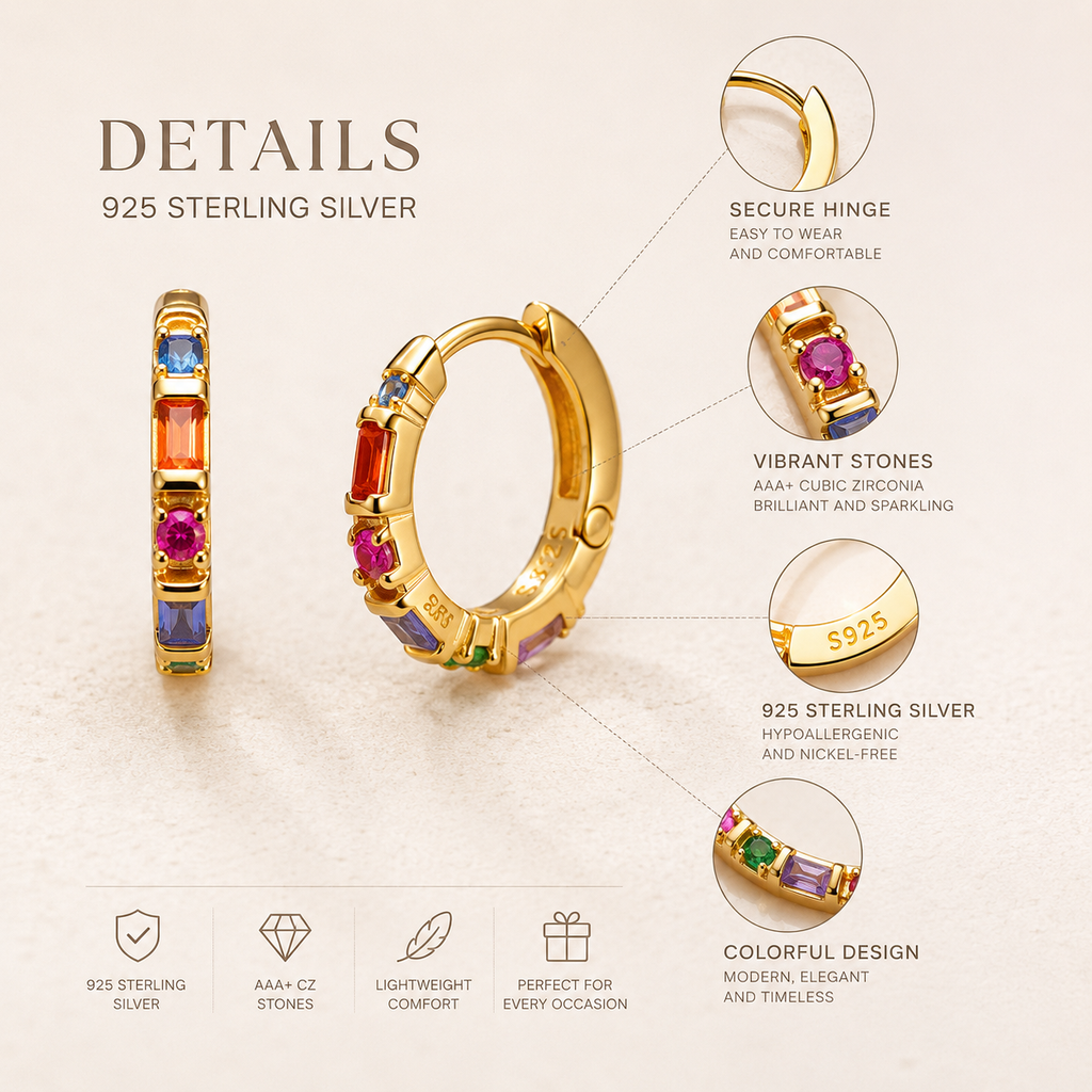 Rainbow Zircon Huggie Hoop Earrings in 925 Sterling Silver