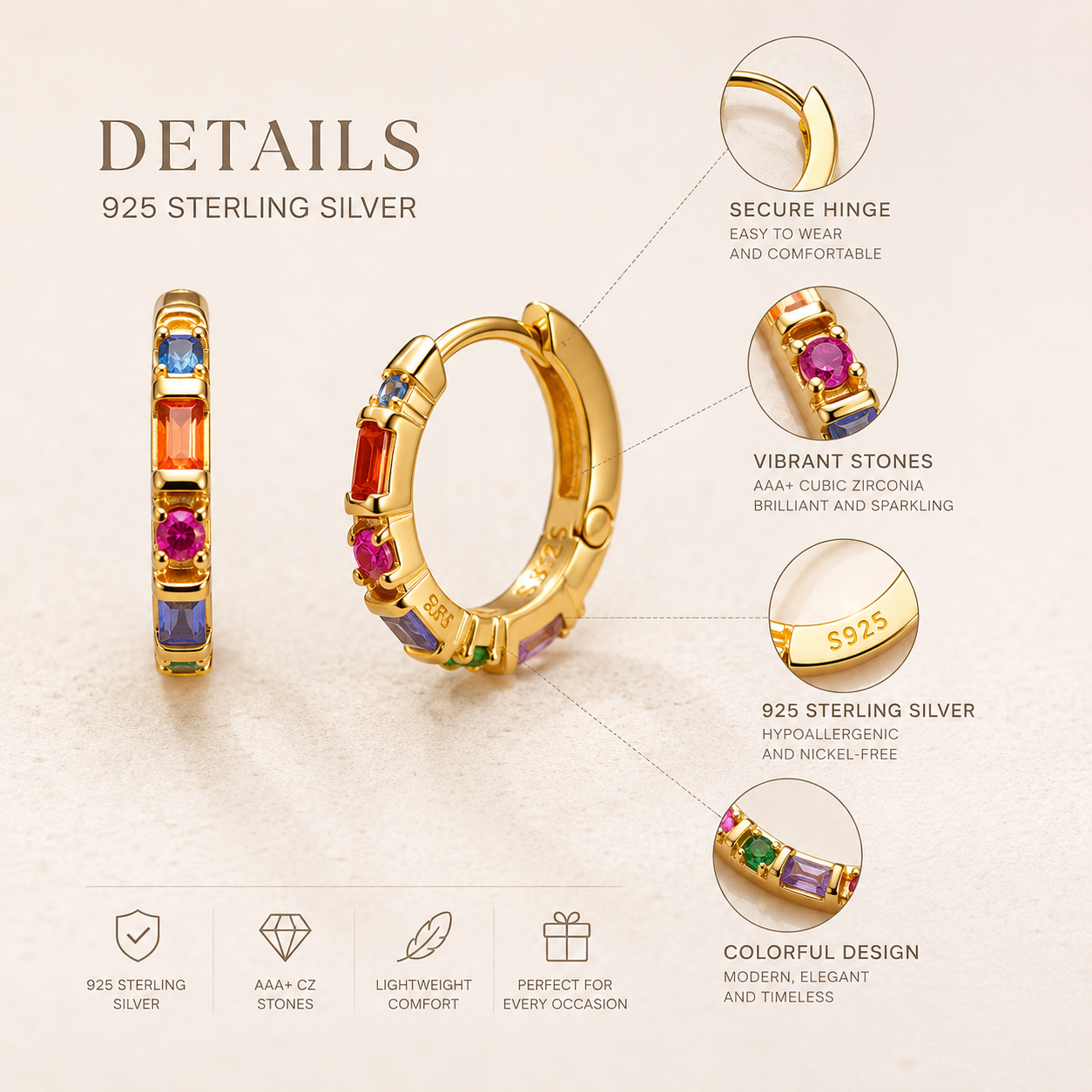 Rainbow Zircon Huggie Hoop Earrings in 925 Sterling Silver