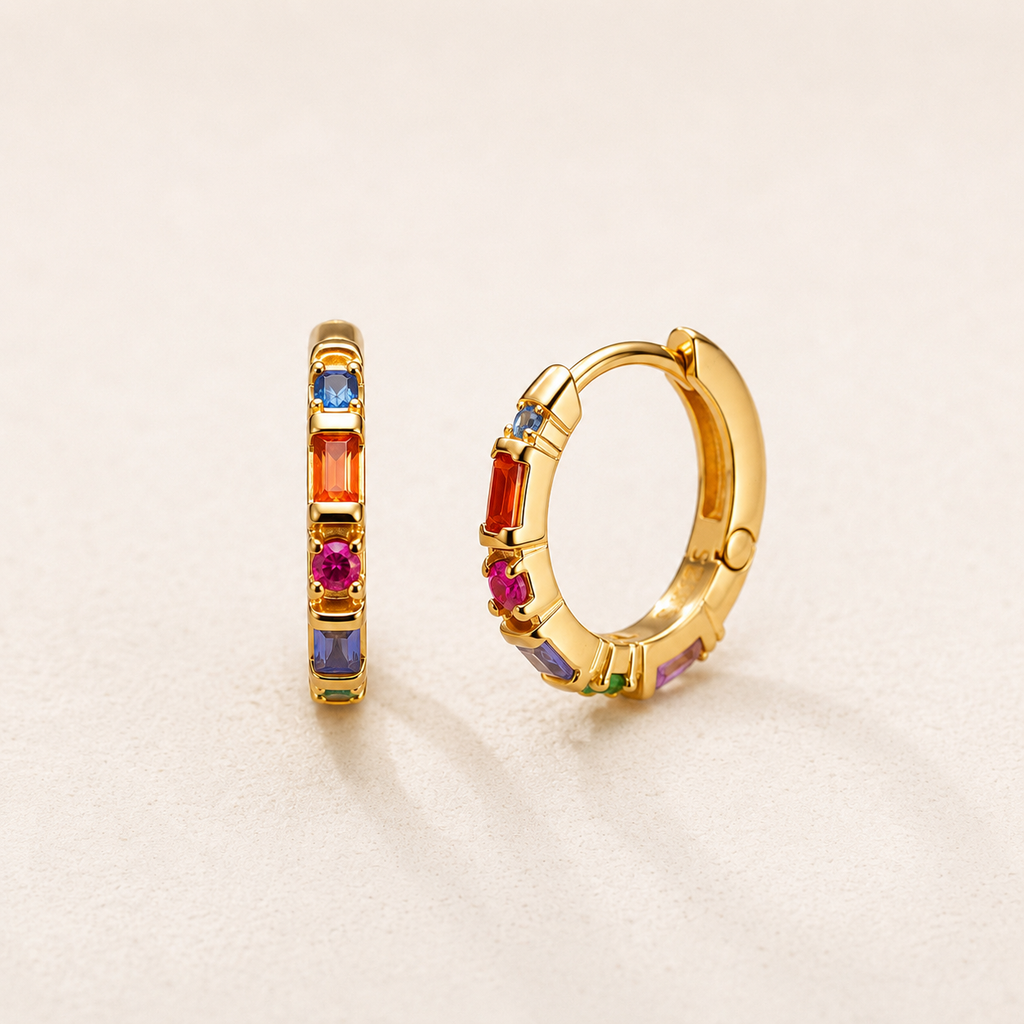 Rainbow Zircon Huggie Hoop Earrings in 925 Sterling Silver