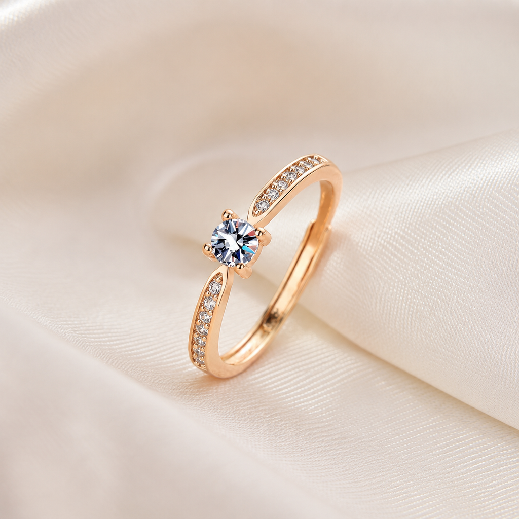 Adjustable 925 Sterling Silver Ring with Zircon and 18K Gold Finish
