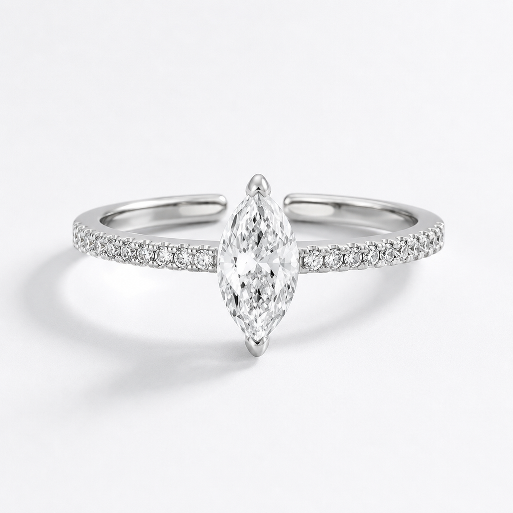 Adjustable 925 Sterling Silver Marquise-Cut Zircon Ring