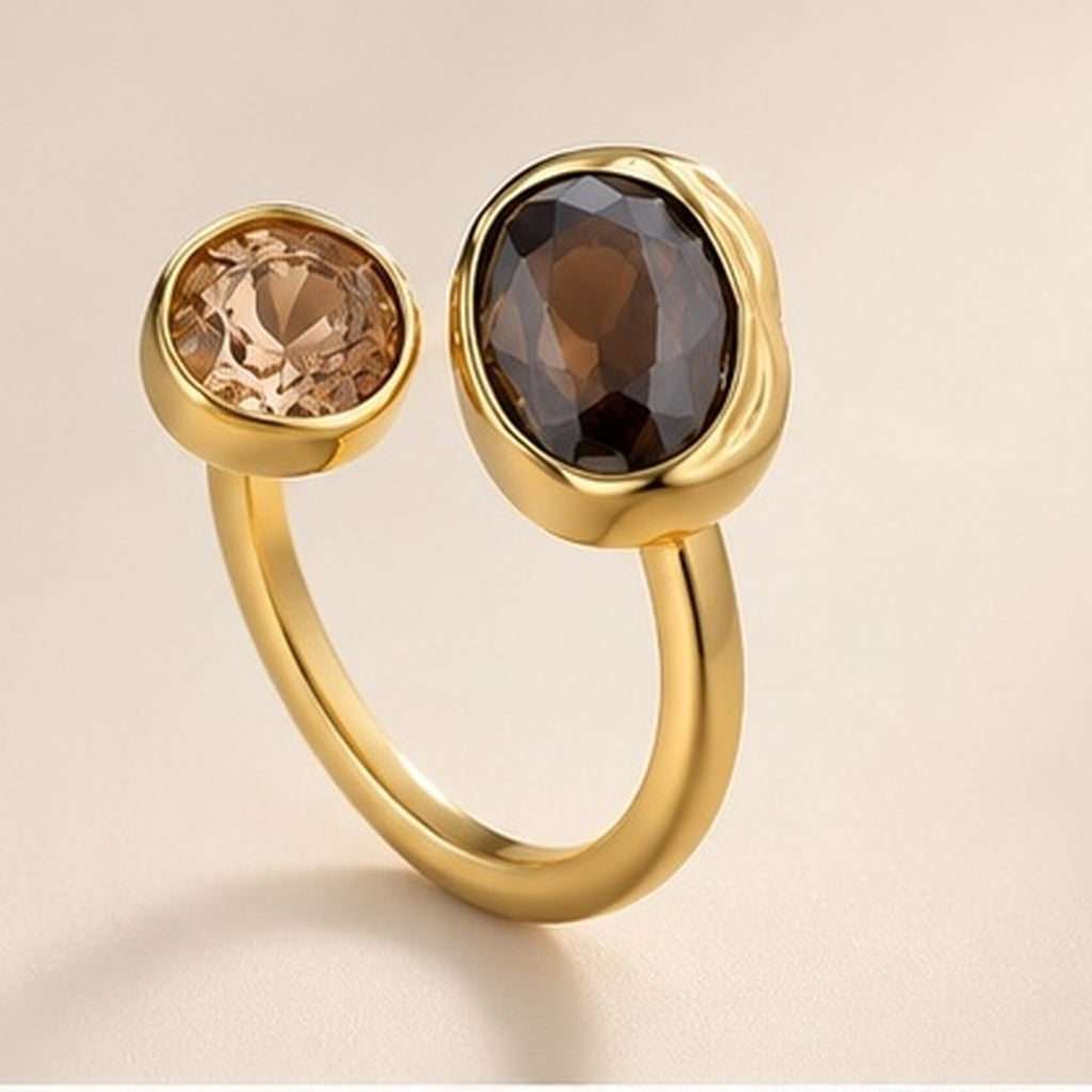 Bagues ouvertes elliptiques vintage en cristal marron pour femmes, bague ajustable géométrique de luxe avec strass contrastés