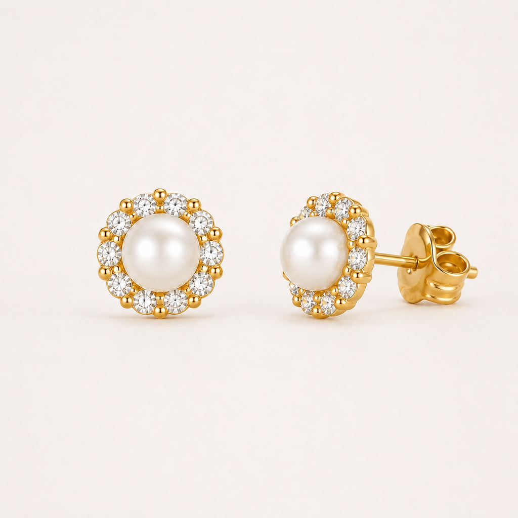 Golden Pearl Halo Stud Earrings