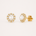 Golden Pearl Halo Stud Earrings