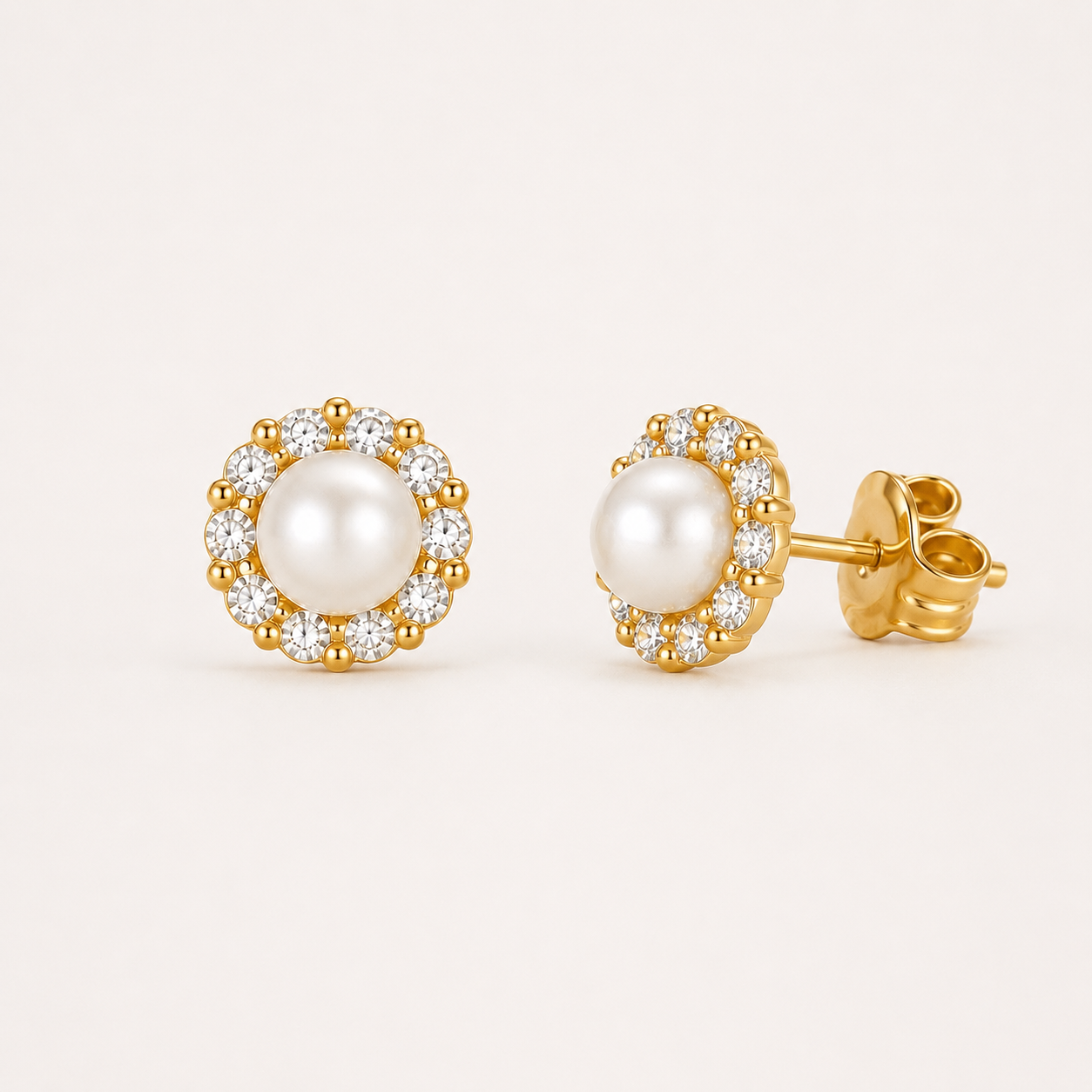 Golden Pearl Halo Stud Earrings