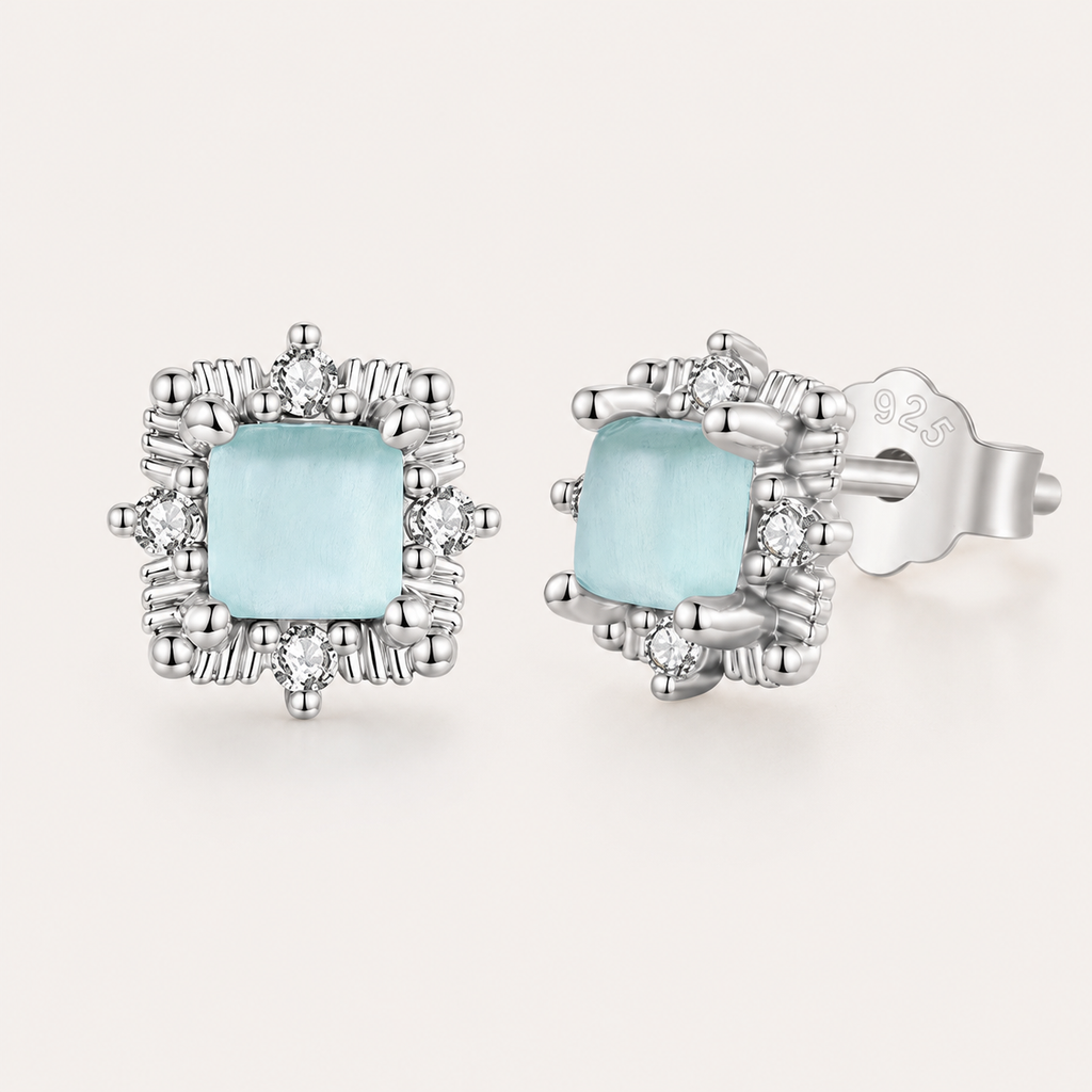 Mint Green Ice Cube 925 Sterling Silver Stud Earrings