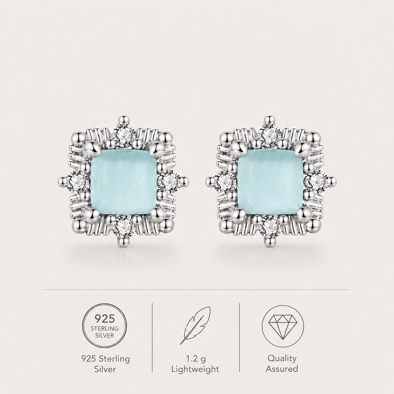 Mint Green Ice Cube 925 Sterling Silver Stud Earrings