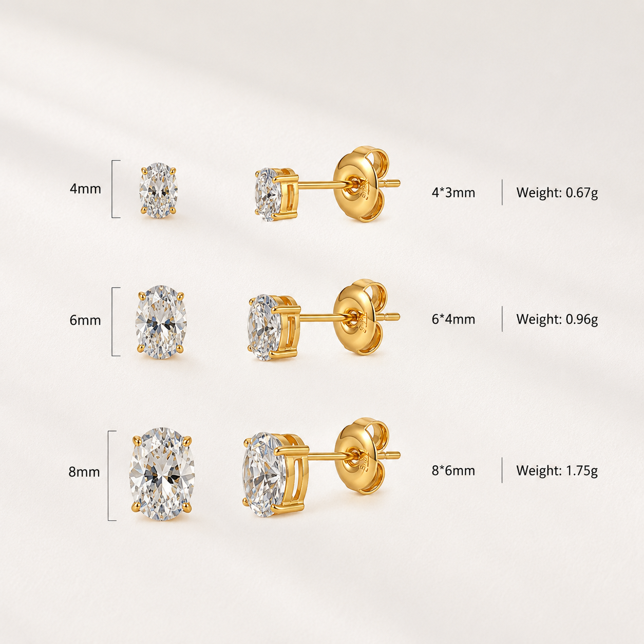 Oval Solitaire Stud Earrings – 18K Gold Plated