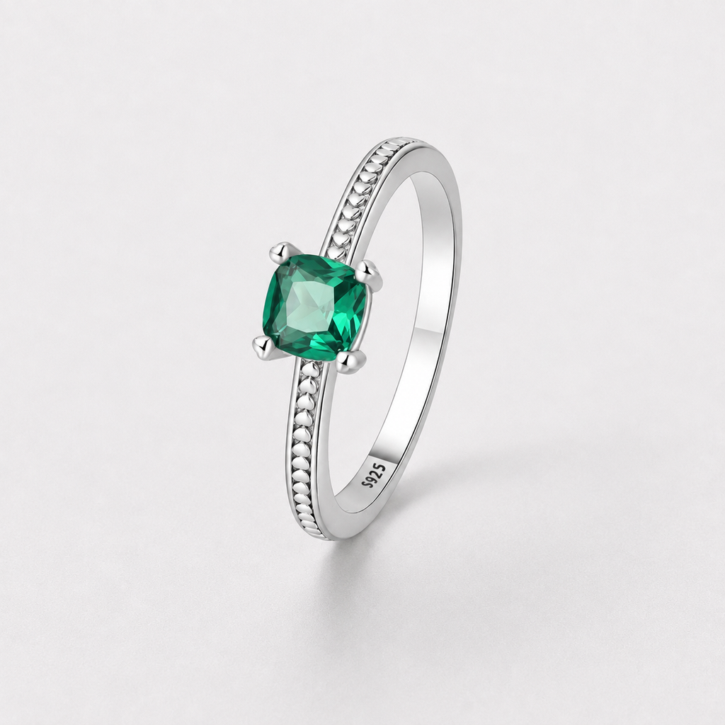 Emerald Cushion Sterling Silver Ring