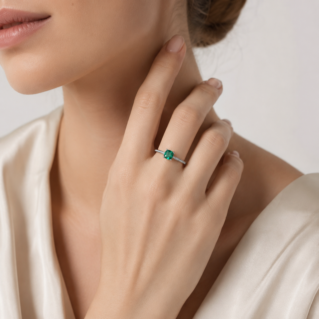 Emerald Cushion Sterling Silver Ring
