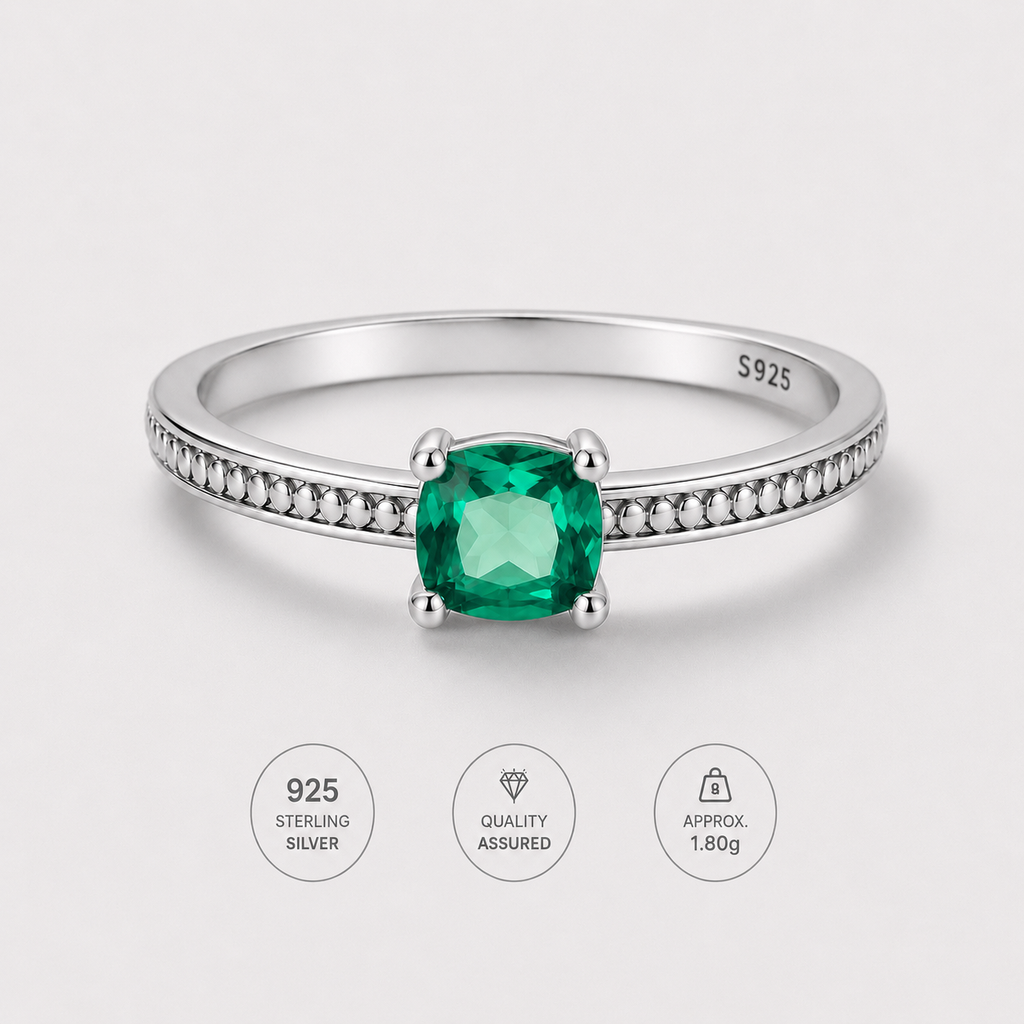 Emerald Cushion Sterling Silver Ring