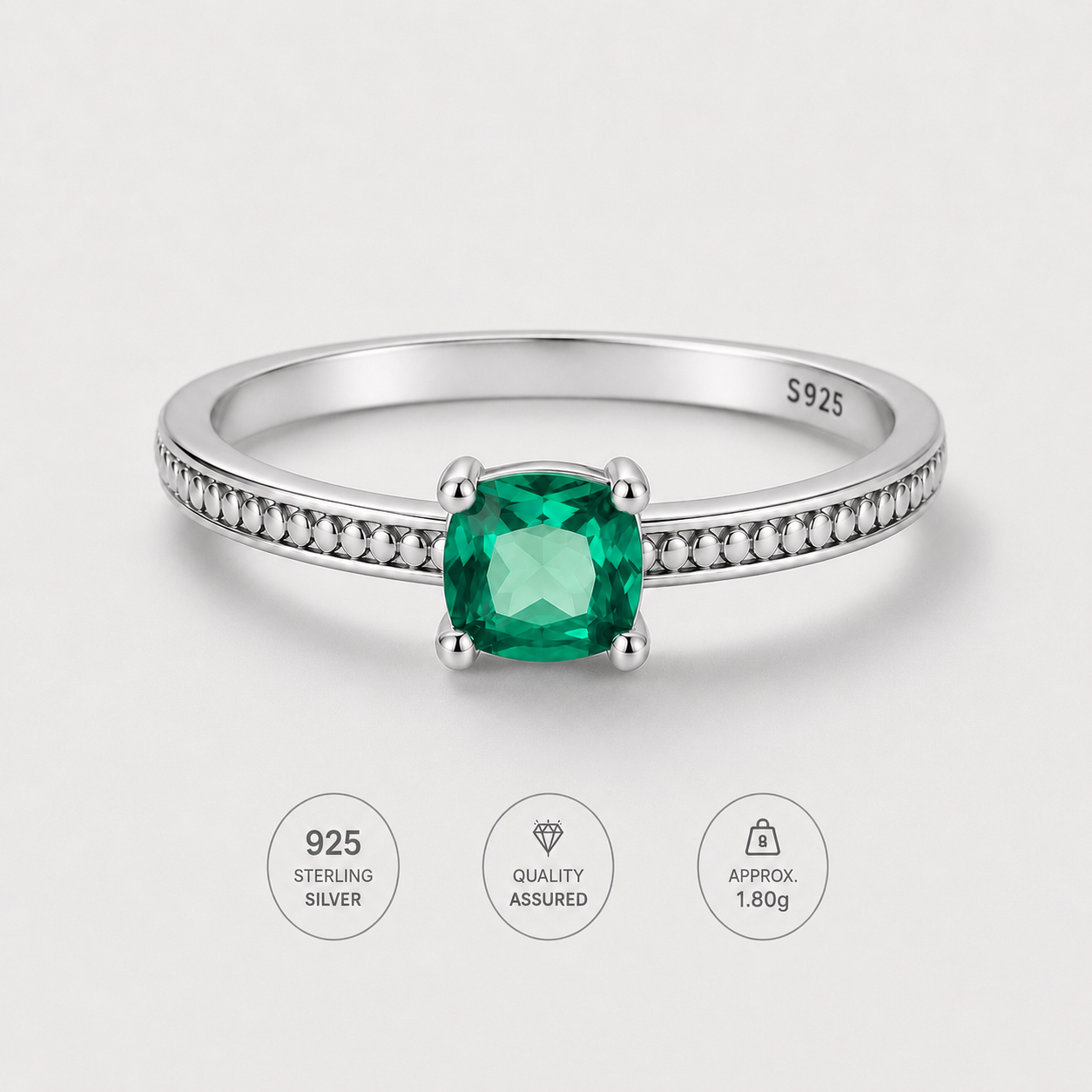 Emerald Cushion Sterling Silver Ring
