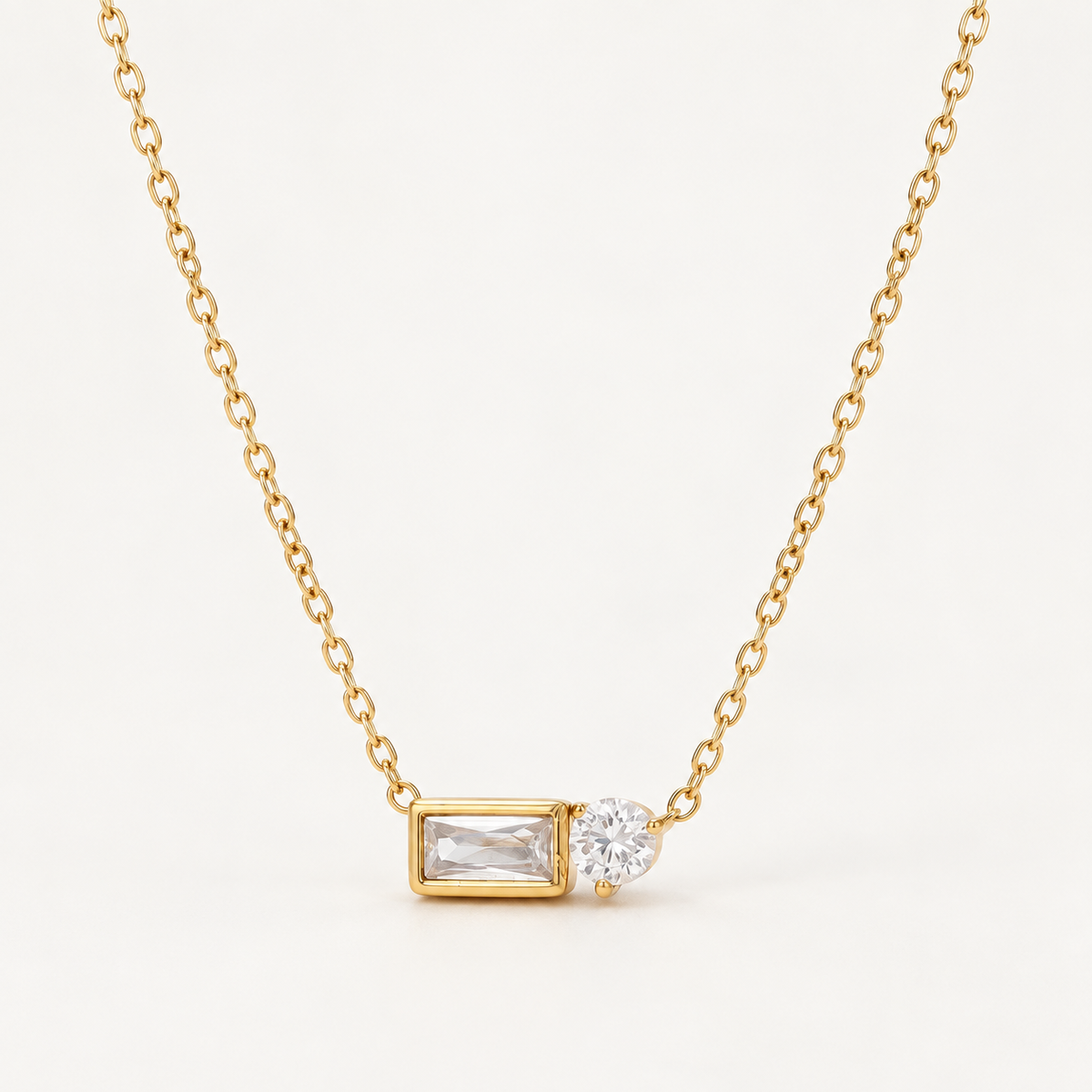 Baguette & Round CZ Pendant Necklace – Stainless Steel
