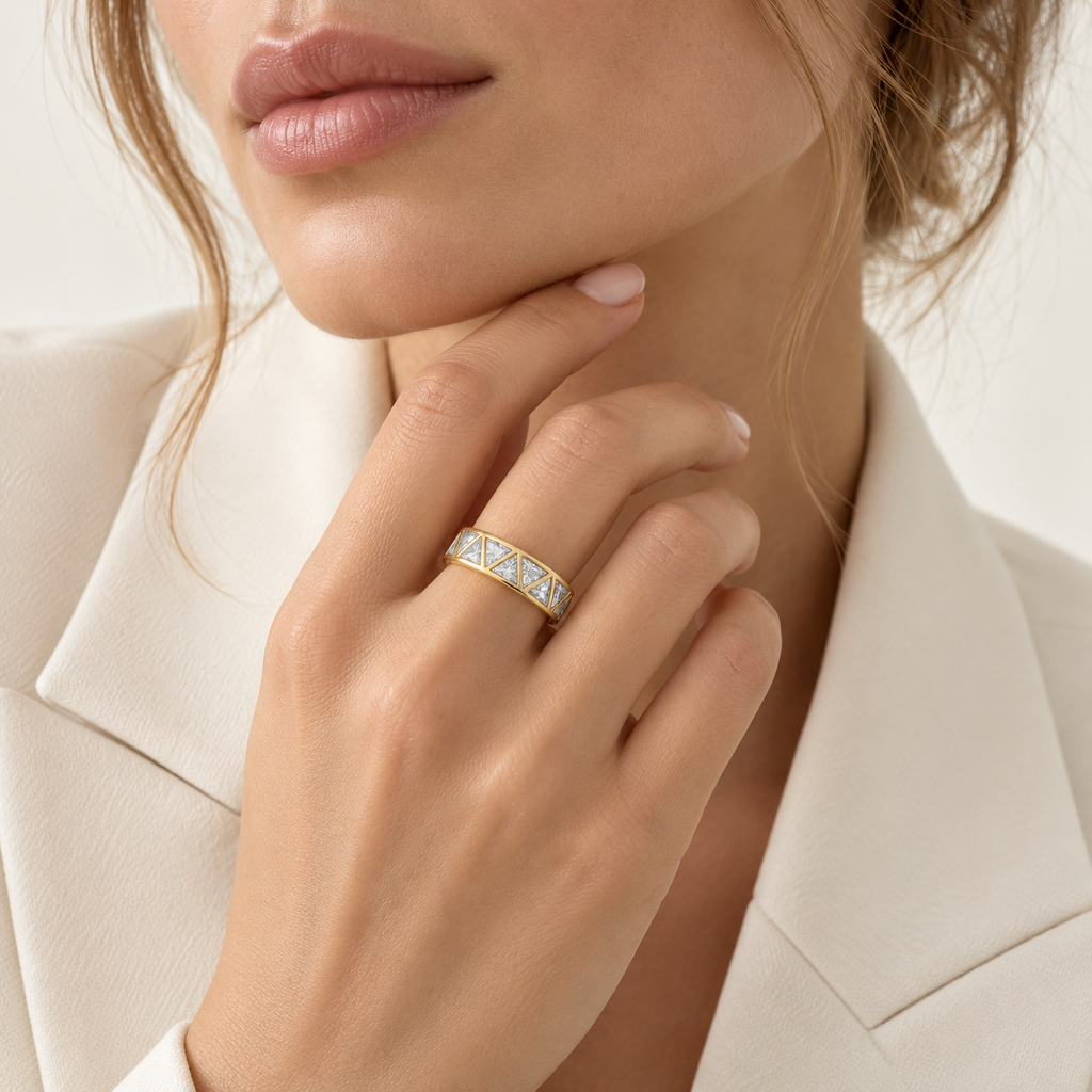 925 Sterling Silver Triangle Zirconia Band Ring – 18K Gold Plated