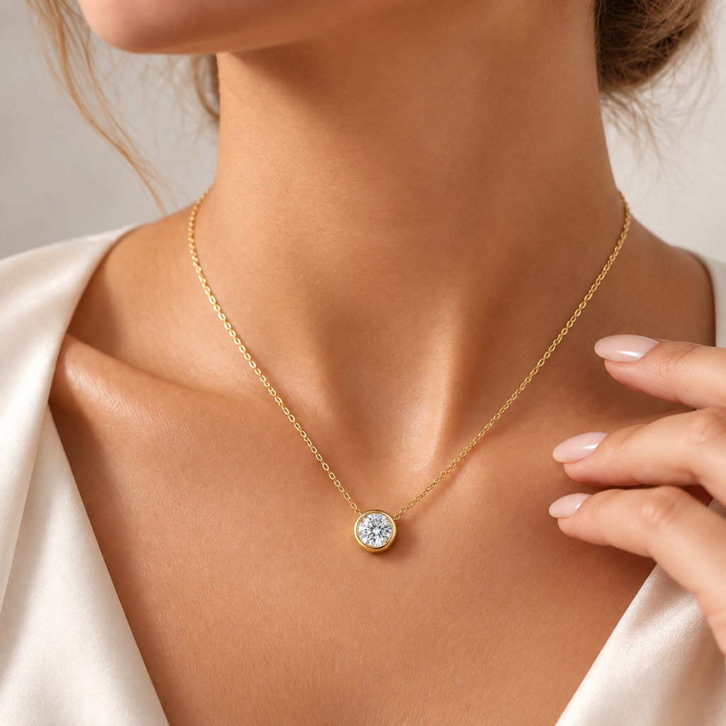 1ct Round Moissanite Pendant Necklace for Women – D Color VVS1 GRA Certified.