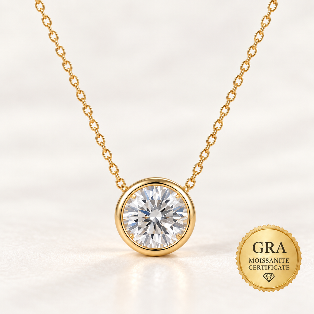 1ct Round Moissanite Pendant Necklace for Women – D Color VVS1 GRA Certified.
