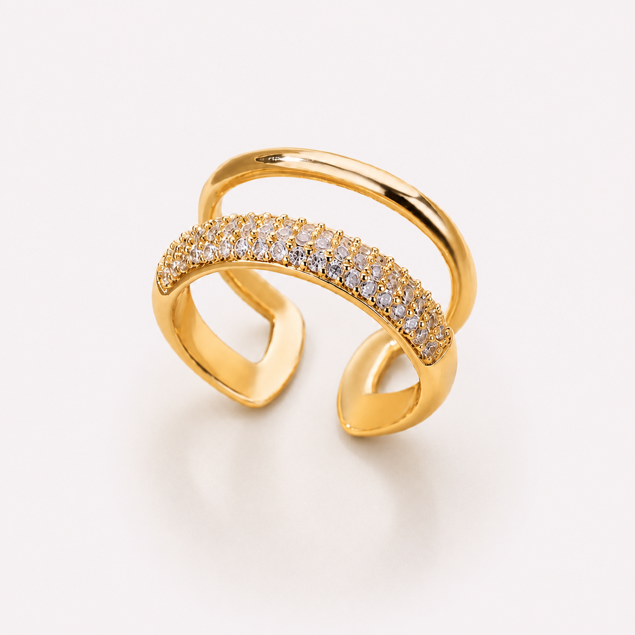 Geometric Stainless Steel Ring with 18k Gold Plating and Zirconia