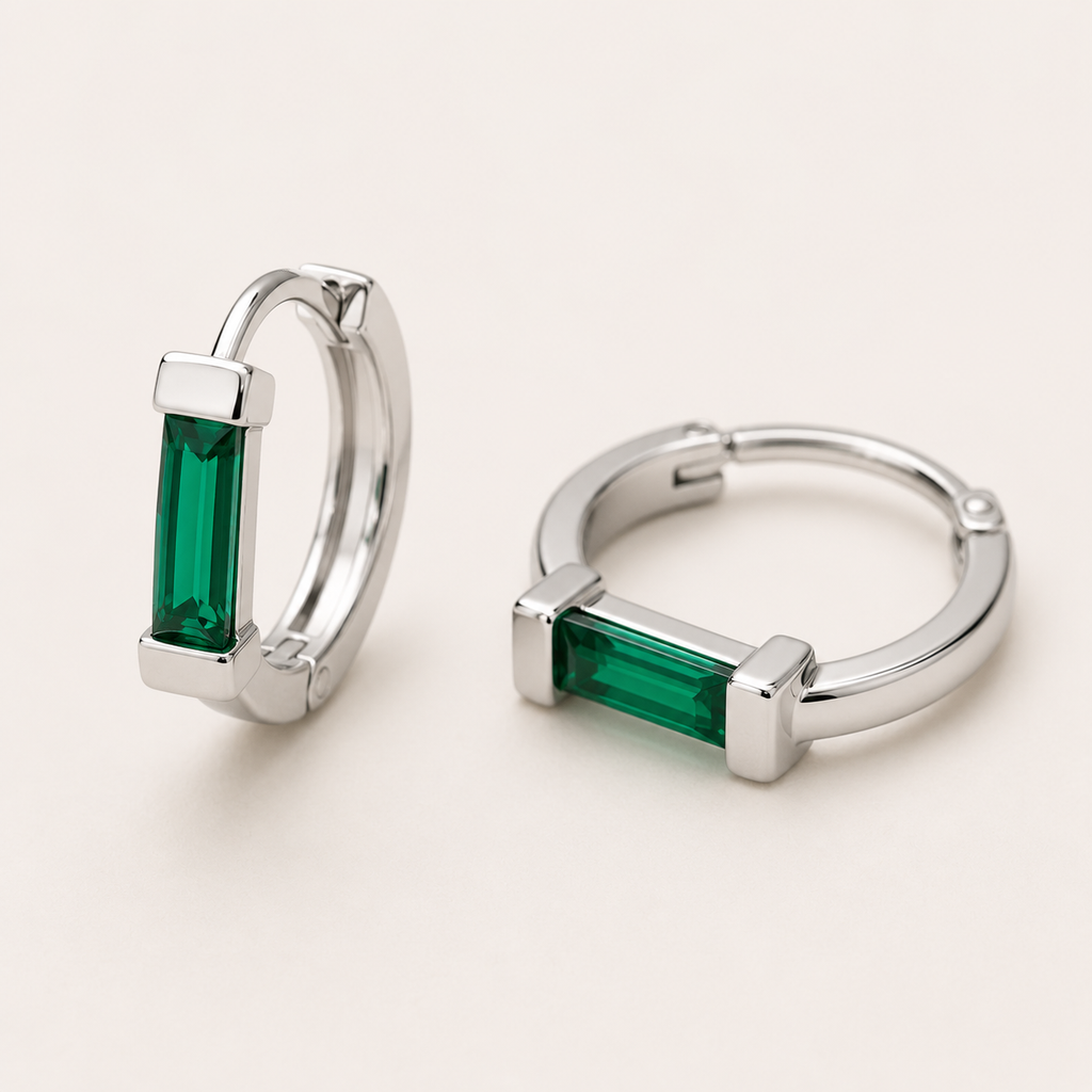 Emerald Baguette Silver Hoops