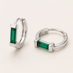 Emerald Baguette Silver Hoops