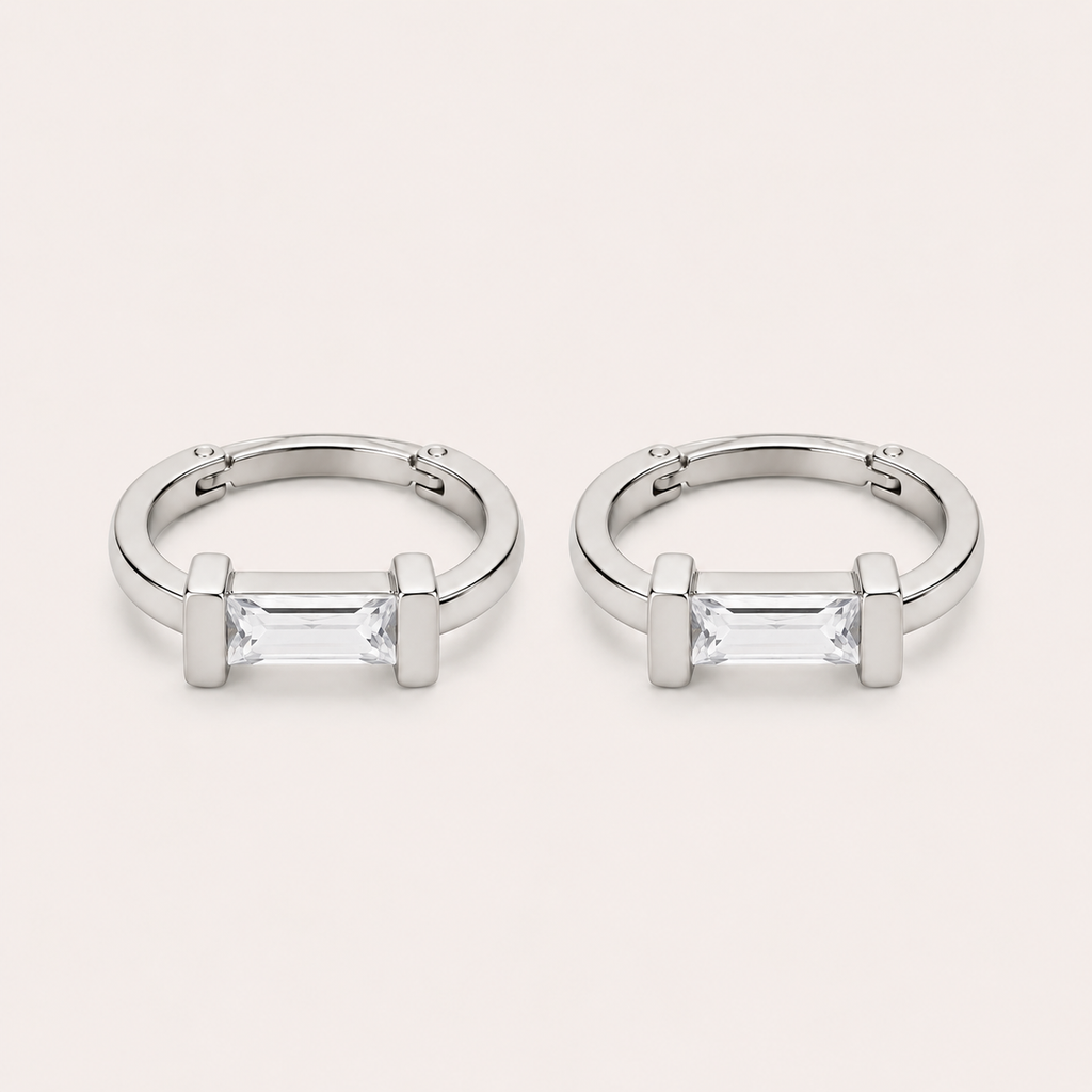 Emerald Baguette Silver Hoops