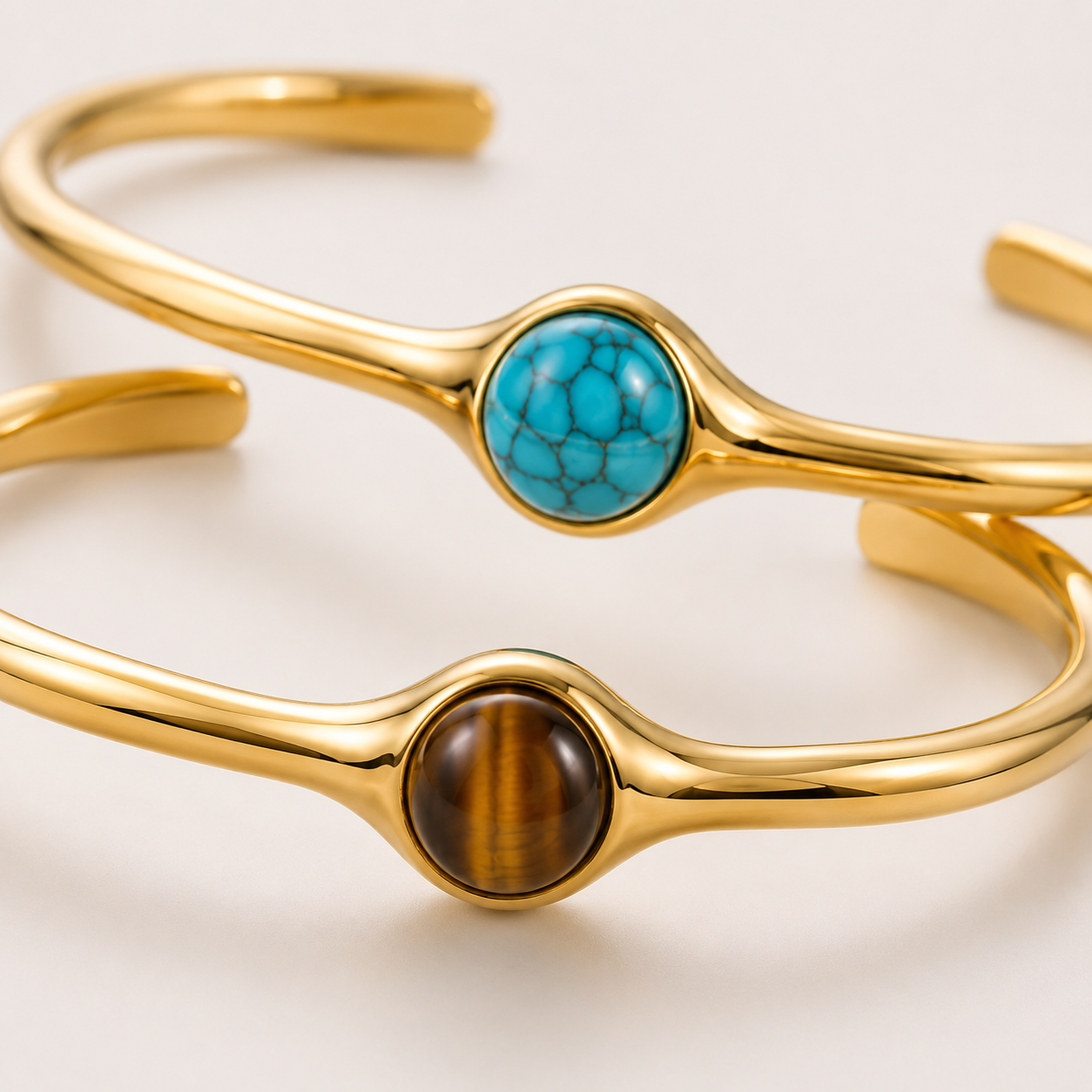 18K Gold-Plated Open Cuff Bracelet with Tiger’s Eye or Turquoise