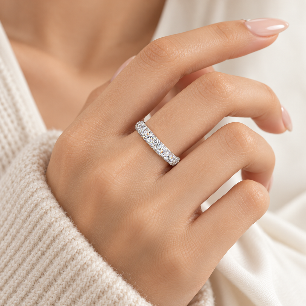 S925 Sterling Silver Pavé Moissanite Band Ring – Platinum Plated