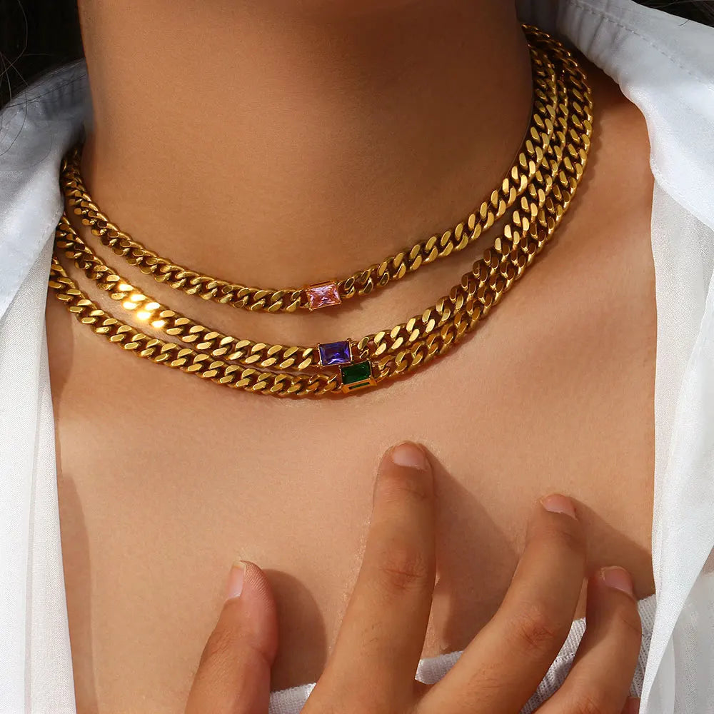 E.B.belle Shiny Water Drop Oval Rectangle Zircon Pendant Choker Necklace Gold Plated Stainless Steel Cuban Chain Woman Jewelry