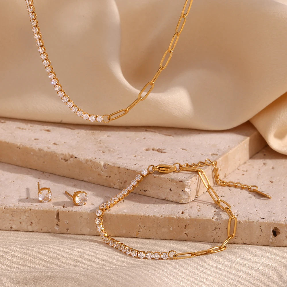 E.B.belle Zircon Chain Splicing Paper Clip Bracelet 18K Gold Plated Women's Earrings 316L Stainless Steel Accessories
