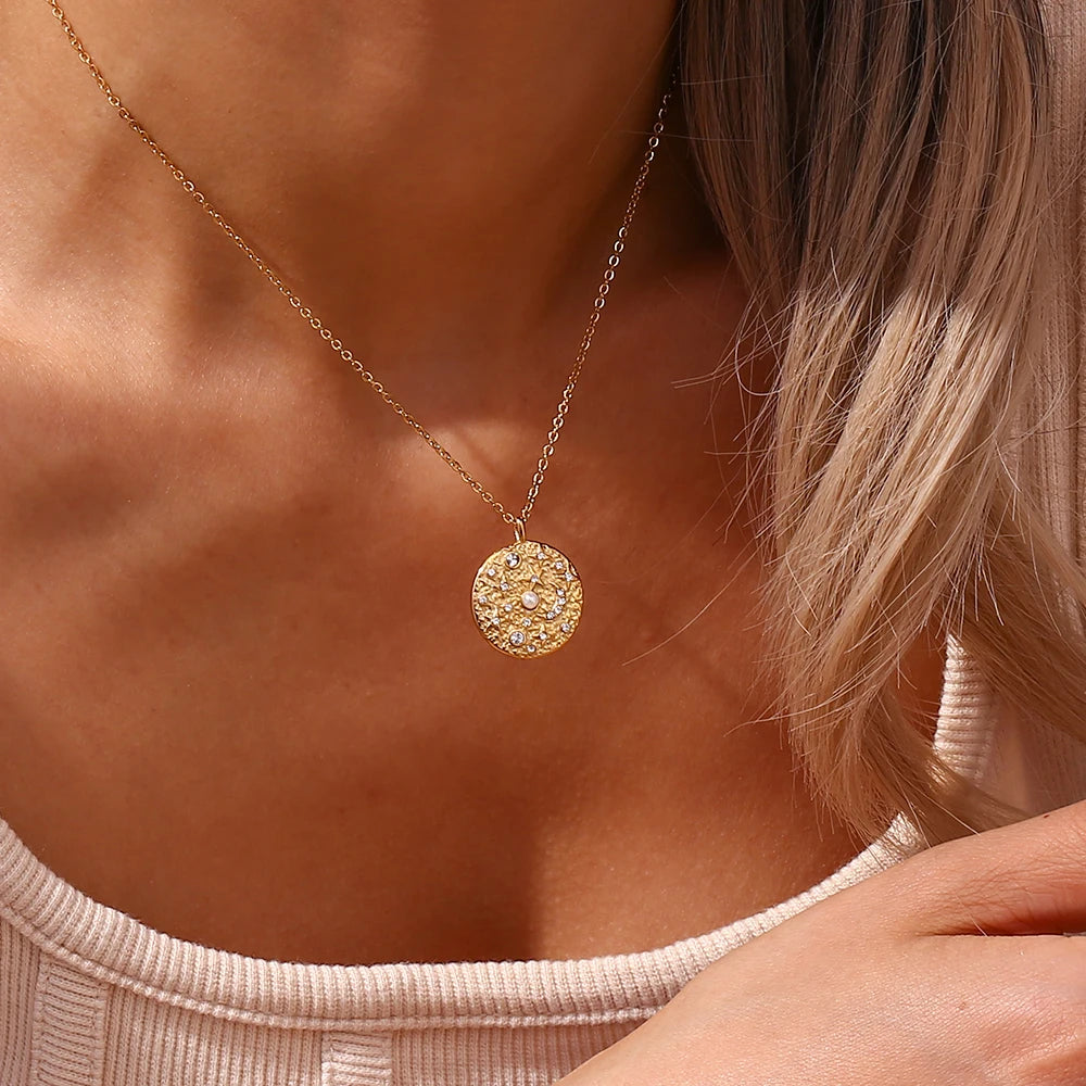 E.B.belle Design Elegant Pearl Crystal Moon Star Necklace Vintage Irregualr Surface Stainless Steel Coin Necklace For Women