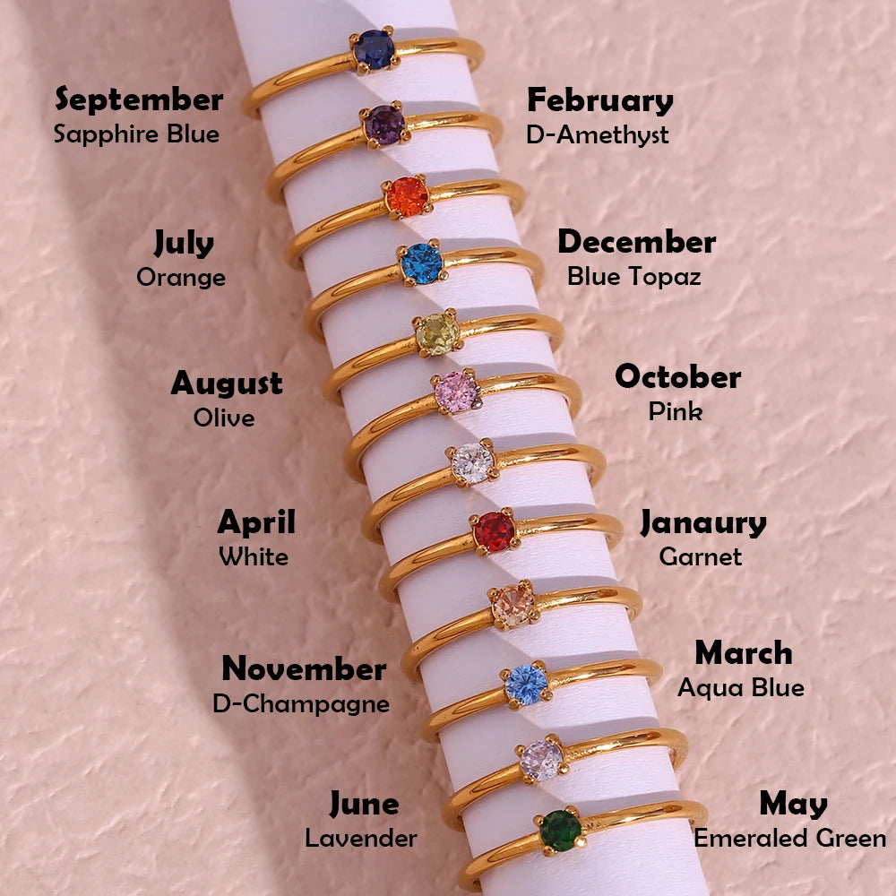 E.B.belle 12 Months Constellation CZ Birthstone Rings For Woman Gold Plated Stainless Steel Zodiac Birthday Gift Ring Jewelry