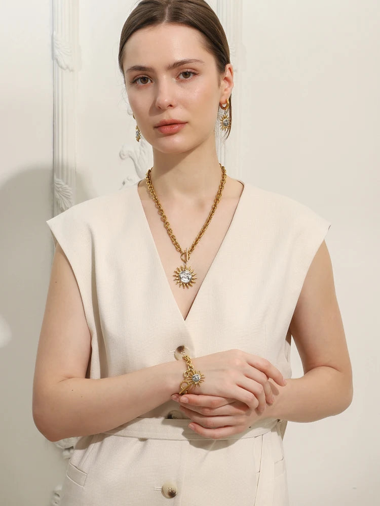 E.B.belle Double Color OT Buckle Sun Pendant Bracelet Necklace Drop Earrings 316L Stainless Steel Gold Plated Unique Jewelry Set