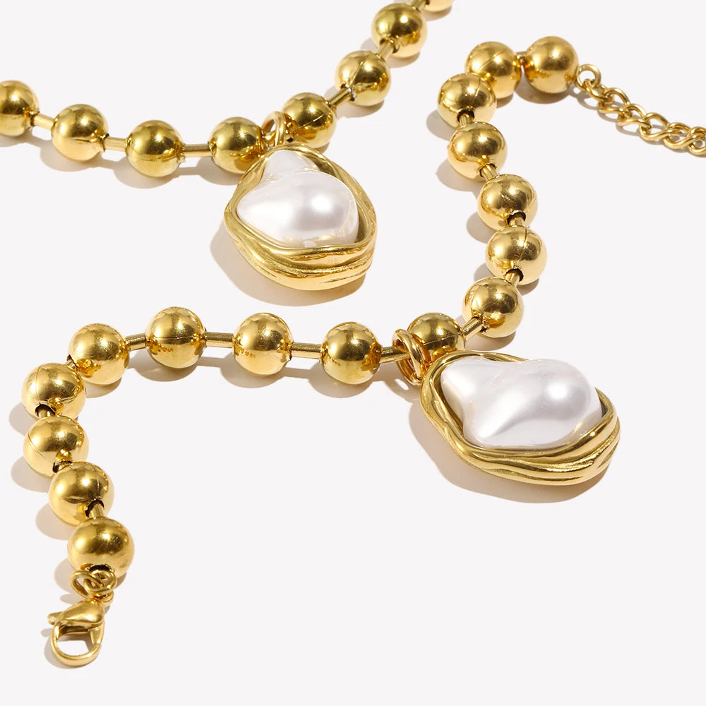 E.B.belle 18K Gold Plated Irregular Pearl Pendant Jewelry Set Stainless Steel Baroque Style Party Women Bracelet Necklace