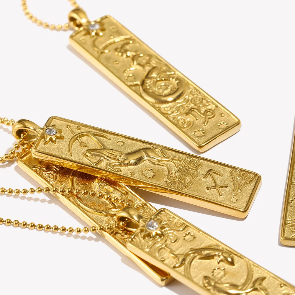 E.B.belle 18k Gold Plated Rectangle Shape 12 Constellation Pendant Necklace Stainless Steel Waterproof Fashion Women's Jewelry