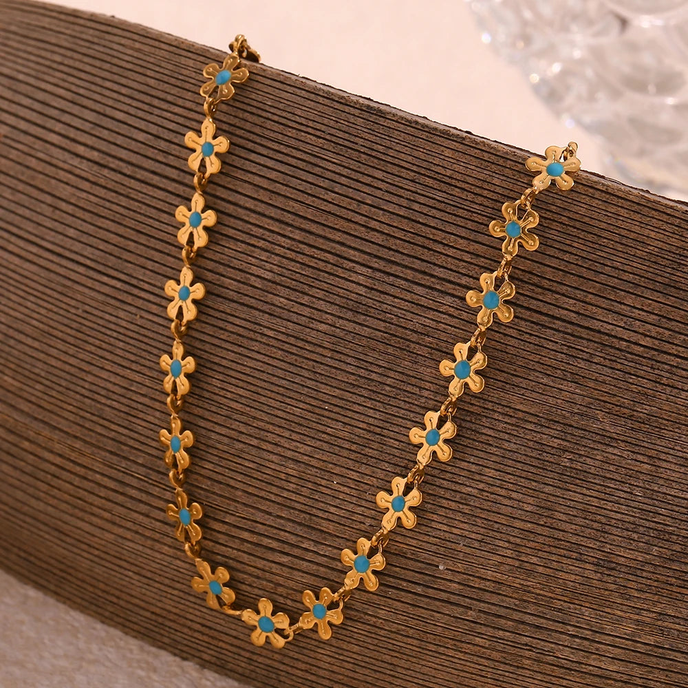 Handmade Y2K Accessories For Girl Enamel Blue Small Flower Chain Choker Necklace Bracelet Women Stainless Steek Jewelry Set