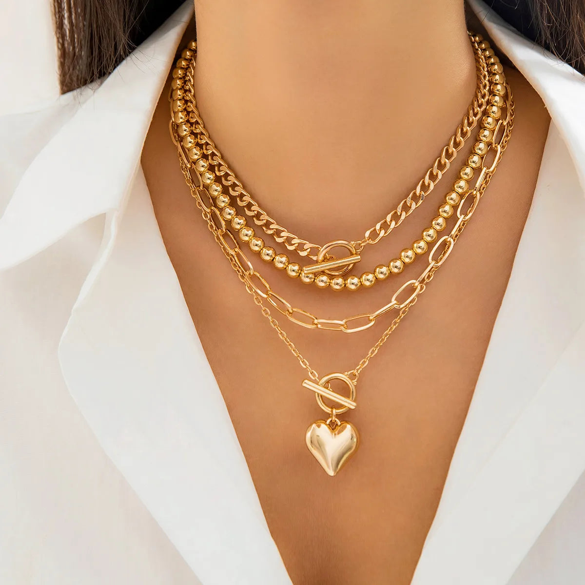 Layered Necklace Set with Heart Pendant