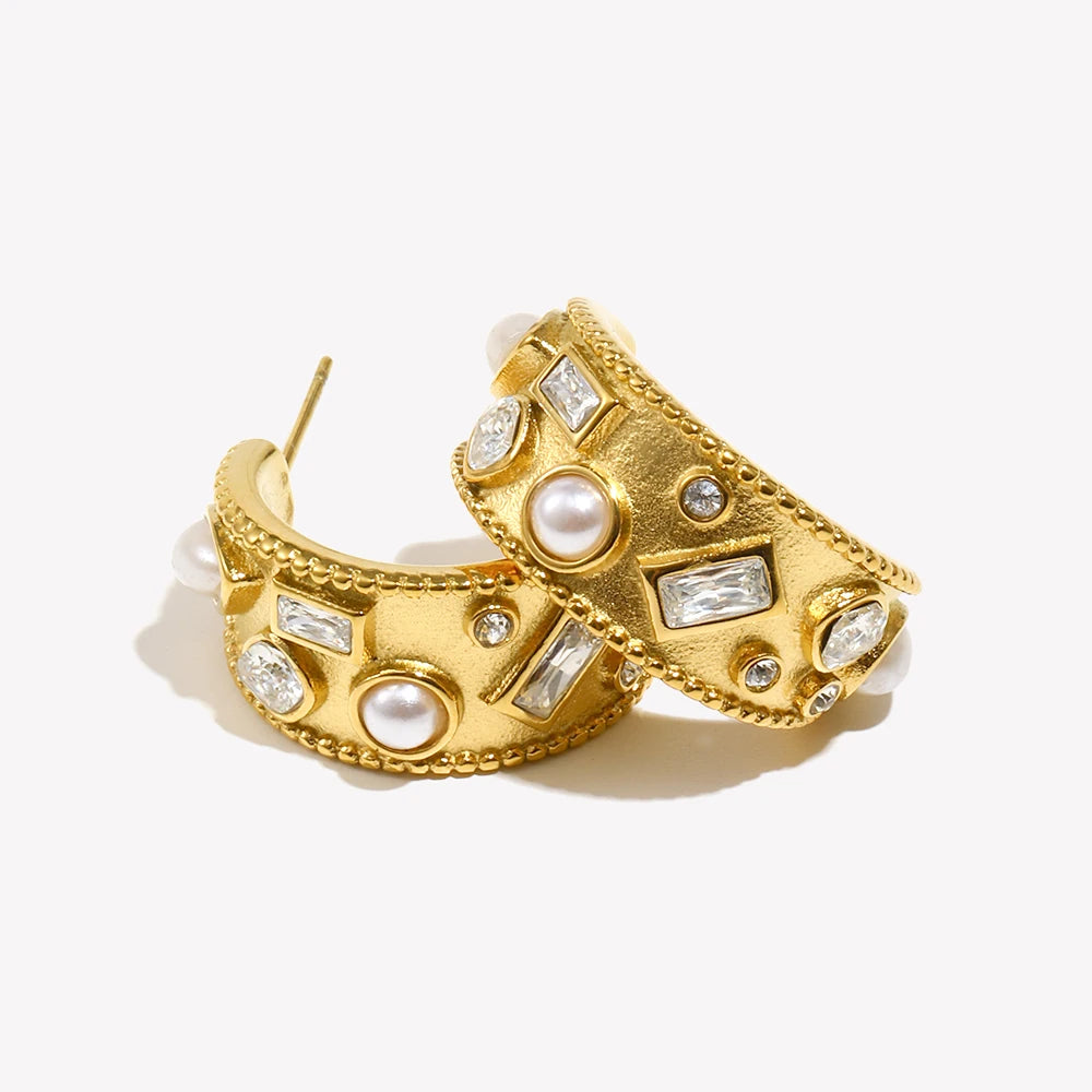 C-shaped Hoop Earrings with Pearl Geometric Rhinestone Silver Color 316L Stainless Steel Accessories 18K Gold Plated Jewelry