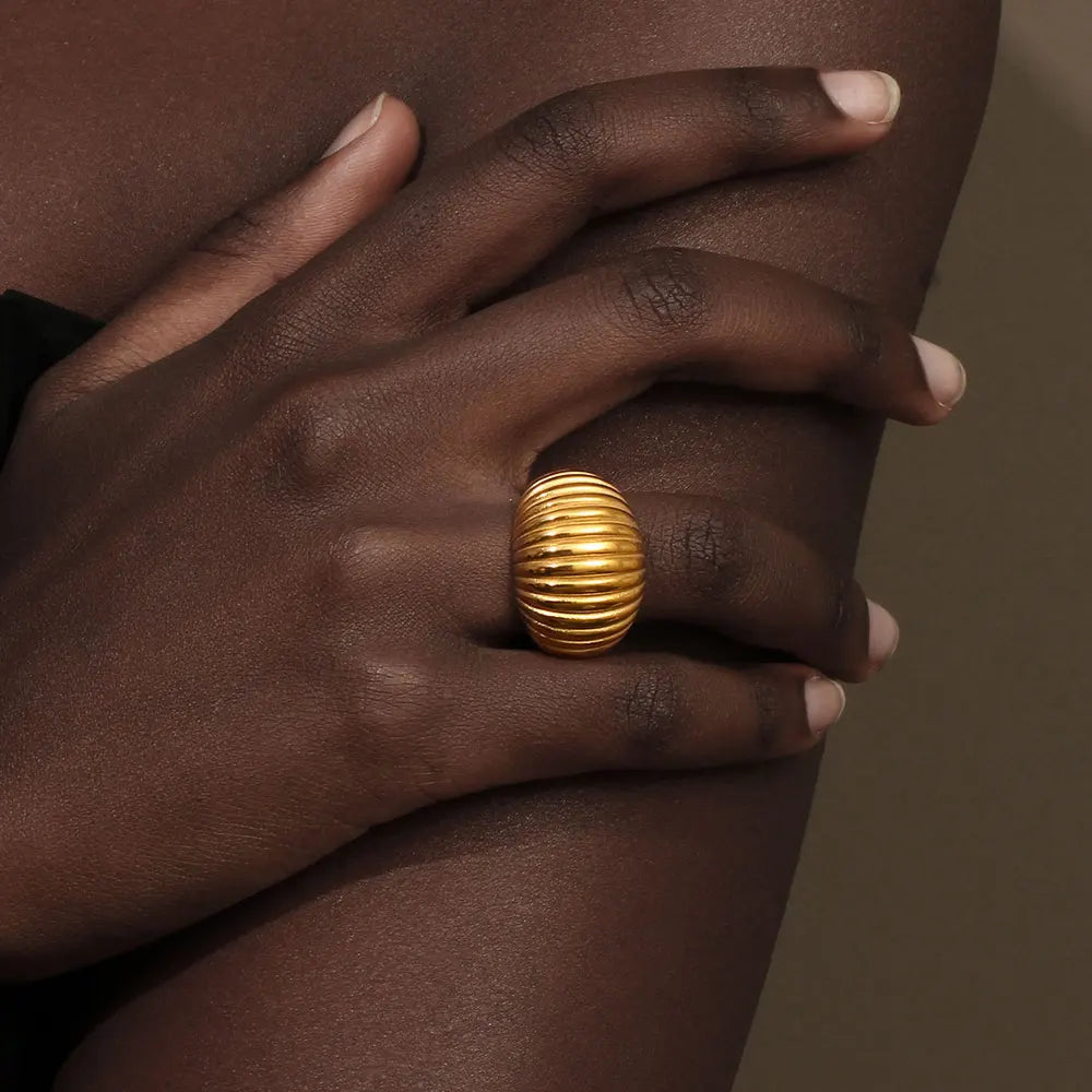 E.B.belle Minimalist Style Fat Bread Stripe Ring 18K Gold Plated Stainless Steel Party Women Fashion Jewelry