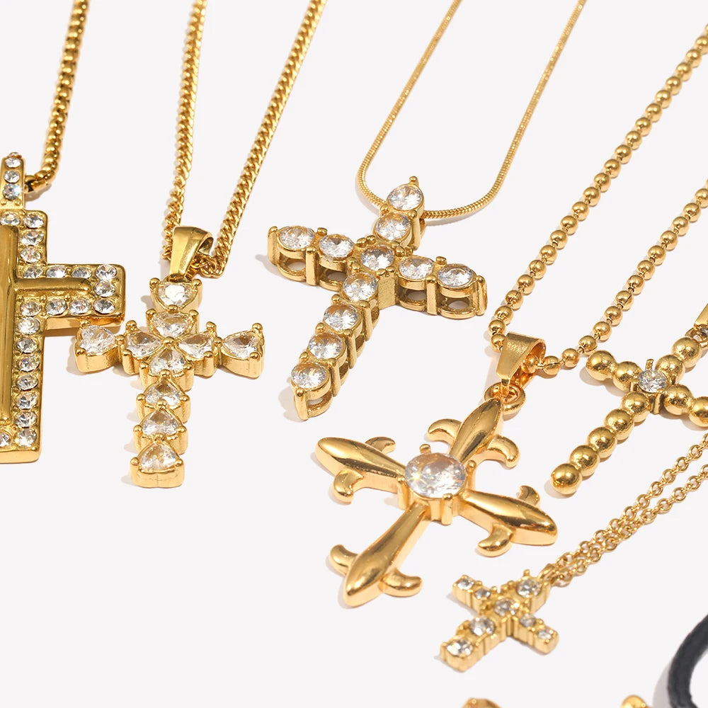 E.B.belle Fashion Style Luxury Clear Zircon Cross Series  Pendant Necklace 18K Gold Plated Stainless Steel Party Women Jewelry